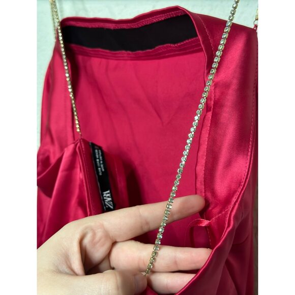 NWT Zara Effect Satin Hot Pink Mini Cocktail Dress With Jewel Straps SZ Small - Picture 8 of 10